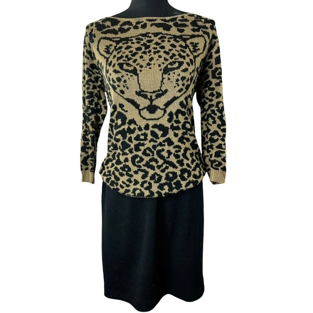 Cotton Emporium Women's Sweater Leopard Print Cheetah Knit Tan Black Small‎